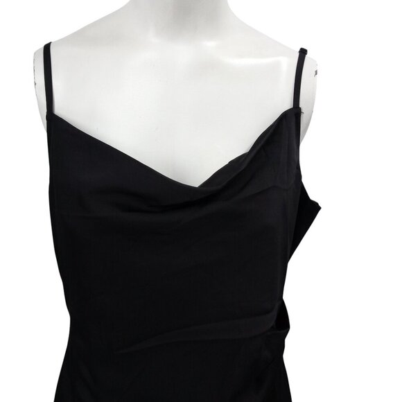 Lulus Hollywood Woman Black Satin Midi Dress Size M Spaghetti Strap Drape Ruched - Picture 2 of 13